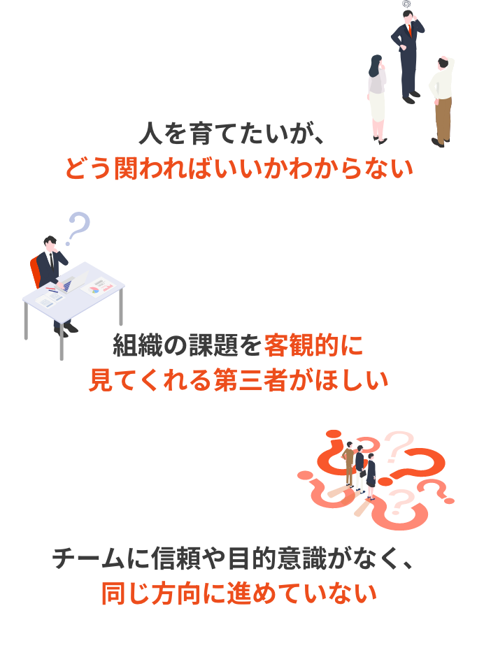人を育てたいがそう関わればいいかわからない。客観的に見てくれる第三者が欲しい。チームに目的意識がない。